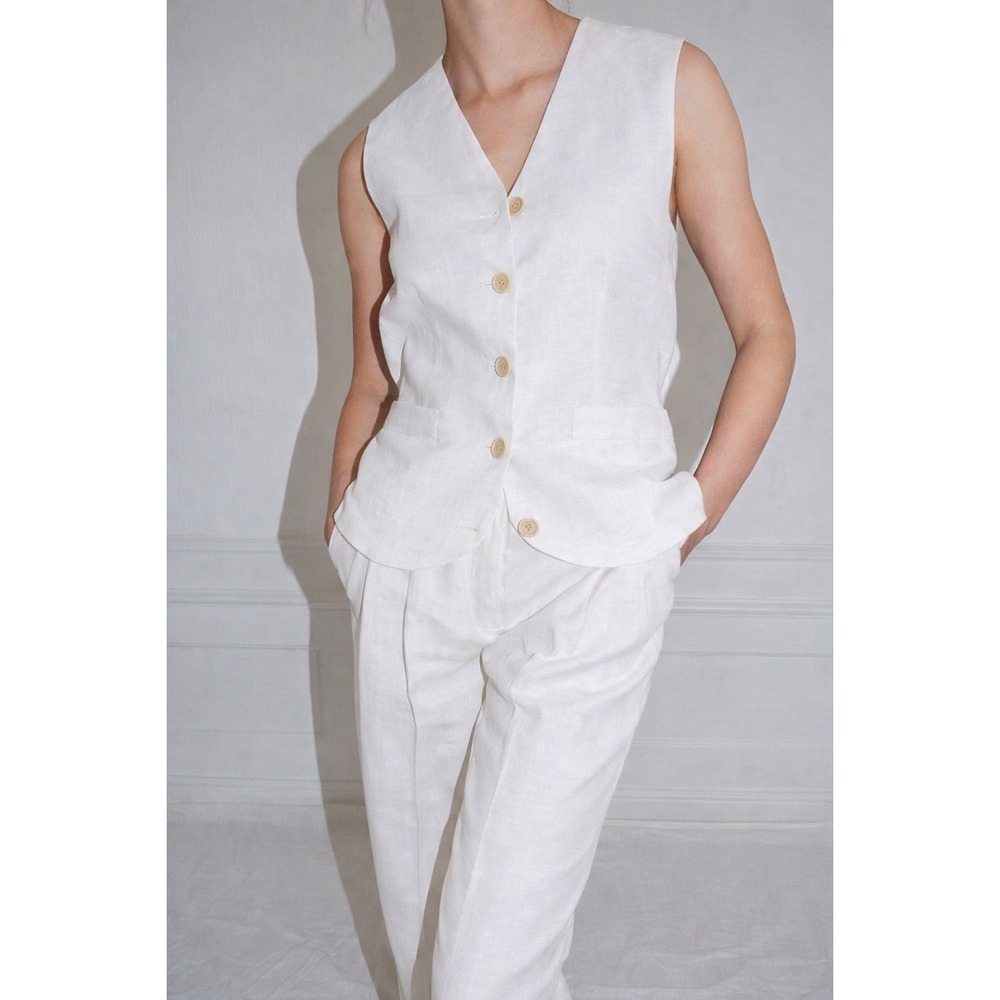 Saks Potts Laetitia Vest White Linen Button Front Waistcoat Size Medium